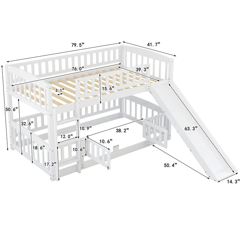 Low Bunk Bed With Slide, Fence And Ladder