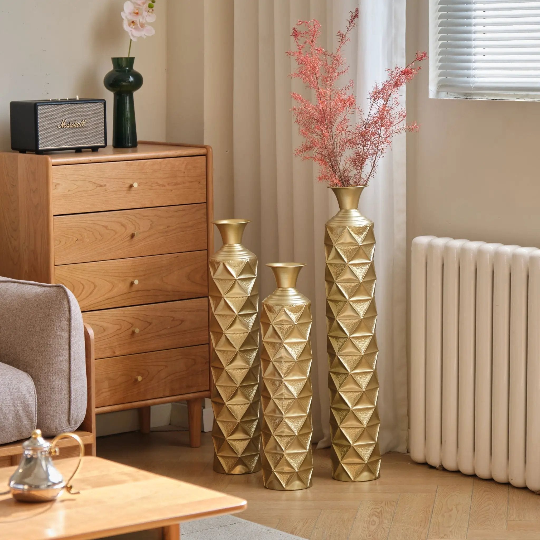 Metal Decorative Vase High Distress Metal Center Vase With 3D Triangle Pattern, (Set of 3) Vases For Home Decoration - Gold by Unique Piece Furniture