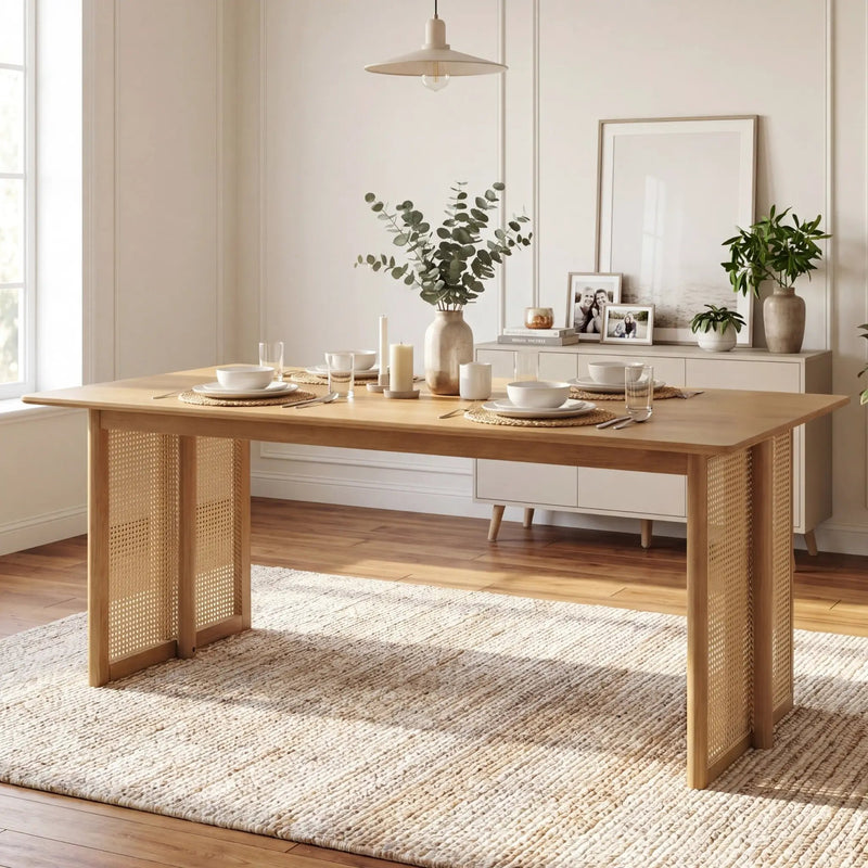 Natural Rubber Wood Dining Table with Rattan Accents by HouseOfZazla