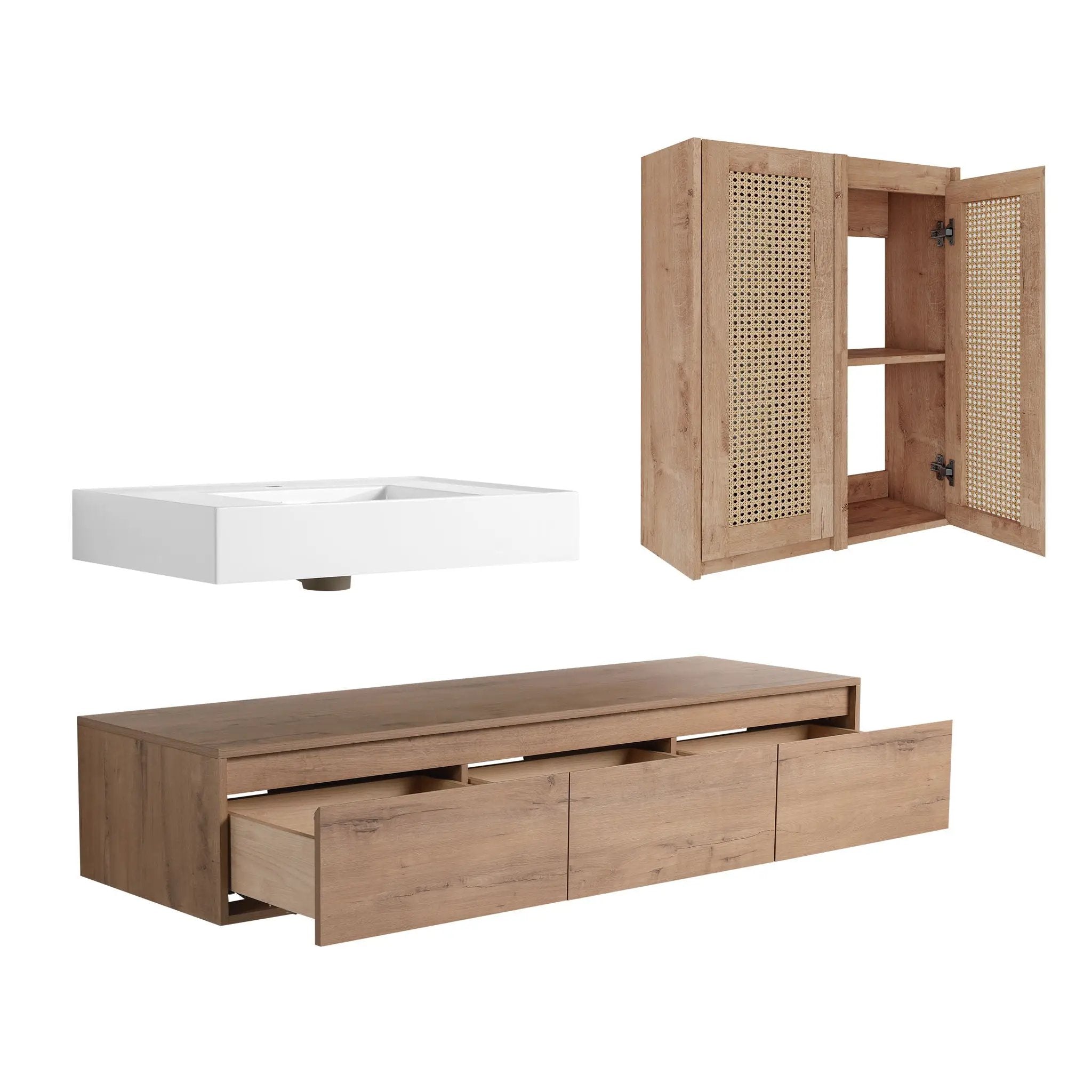 Modern Wall Mounted Bathroom Vanity With Resin Sink And 2 Side Cabinet, Imitative, Construction - Imitative Oak by HouseOfZazla