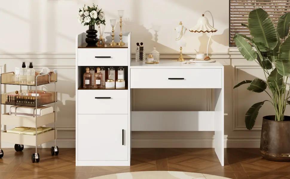 3-in-1 Vanity Desk with Flip Top Mirror, Glass Top Compact Makeup Vanity & Hidden Storage by HouseOfZazla