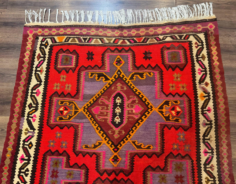 Persian Kurdish Zarand Kilim Rug 5x9, Red, Geometric Medallions, Wide Runner by Jewel Rugs