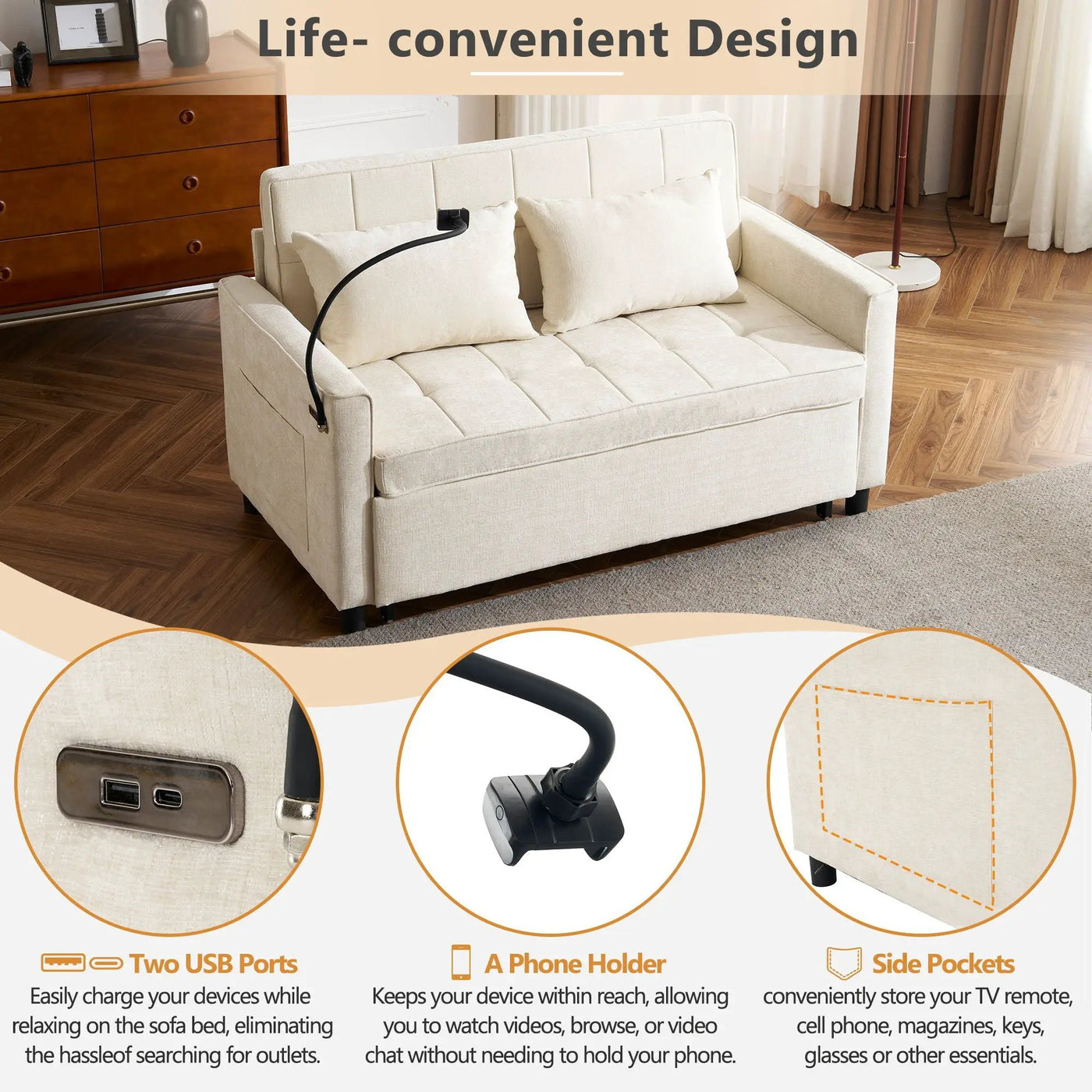 Pull-Out Sleeper Sofa With Reversible Backrest Cushion, Side Pockets, 2 USB Ports And A Phone Holder For Living Room by Unique Piece Furniture