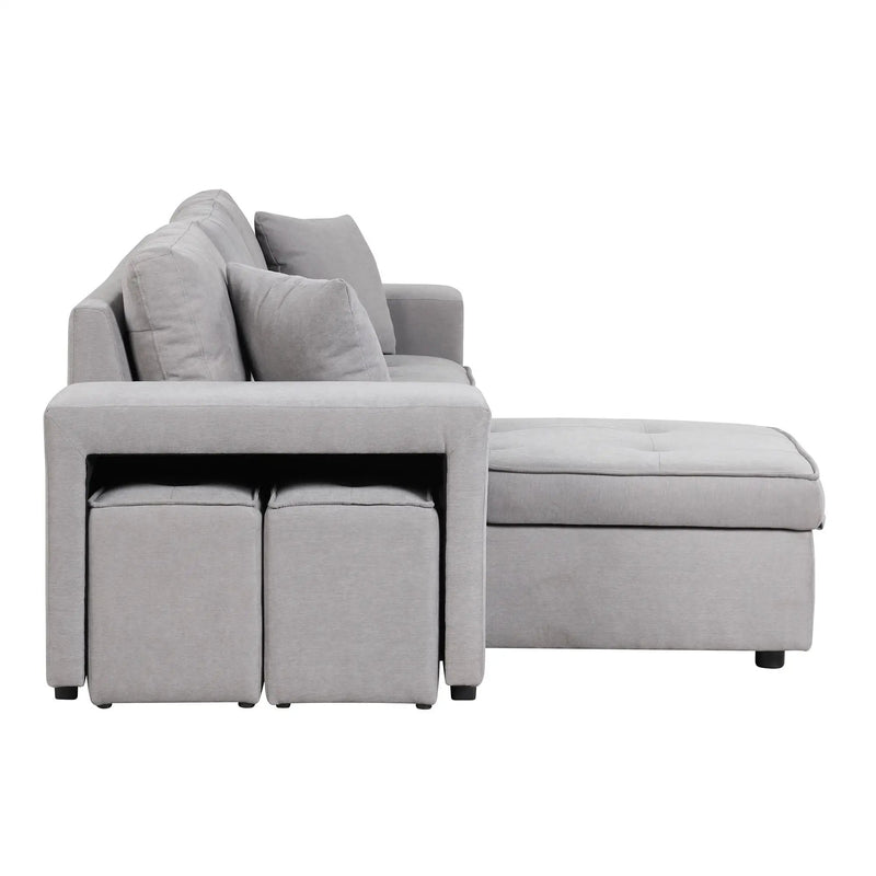 Modern L-Shape 3 Seat Reversible Sectional Couch, Pull Out Sleeper Sofa With Storage Chaise And 2 Stools For Living Room Furniture Set by HouseOfZazla