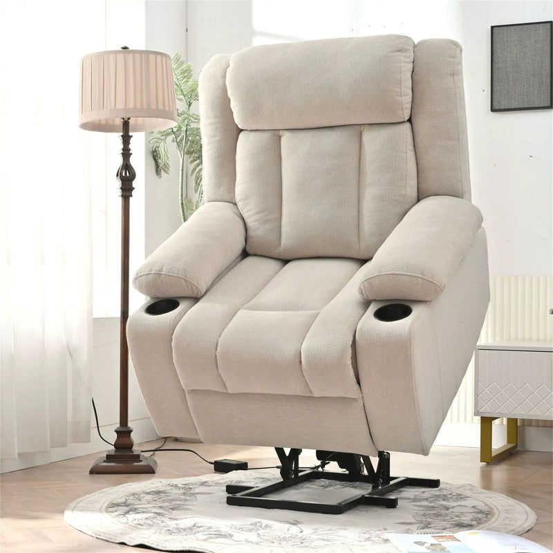 Power Lift Recliner Chair With Extended Footrest, Remote Control, Cup Holders, And Side Pockets by HouseOfZazla