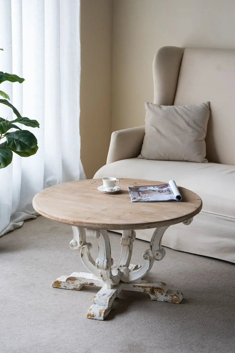 Round Wooden Coffee Table With Distressed Scrollwork Legs - Multicolor by HouseOfZazla