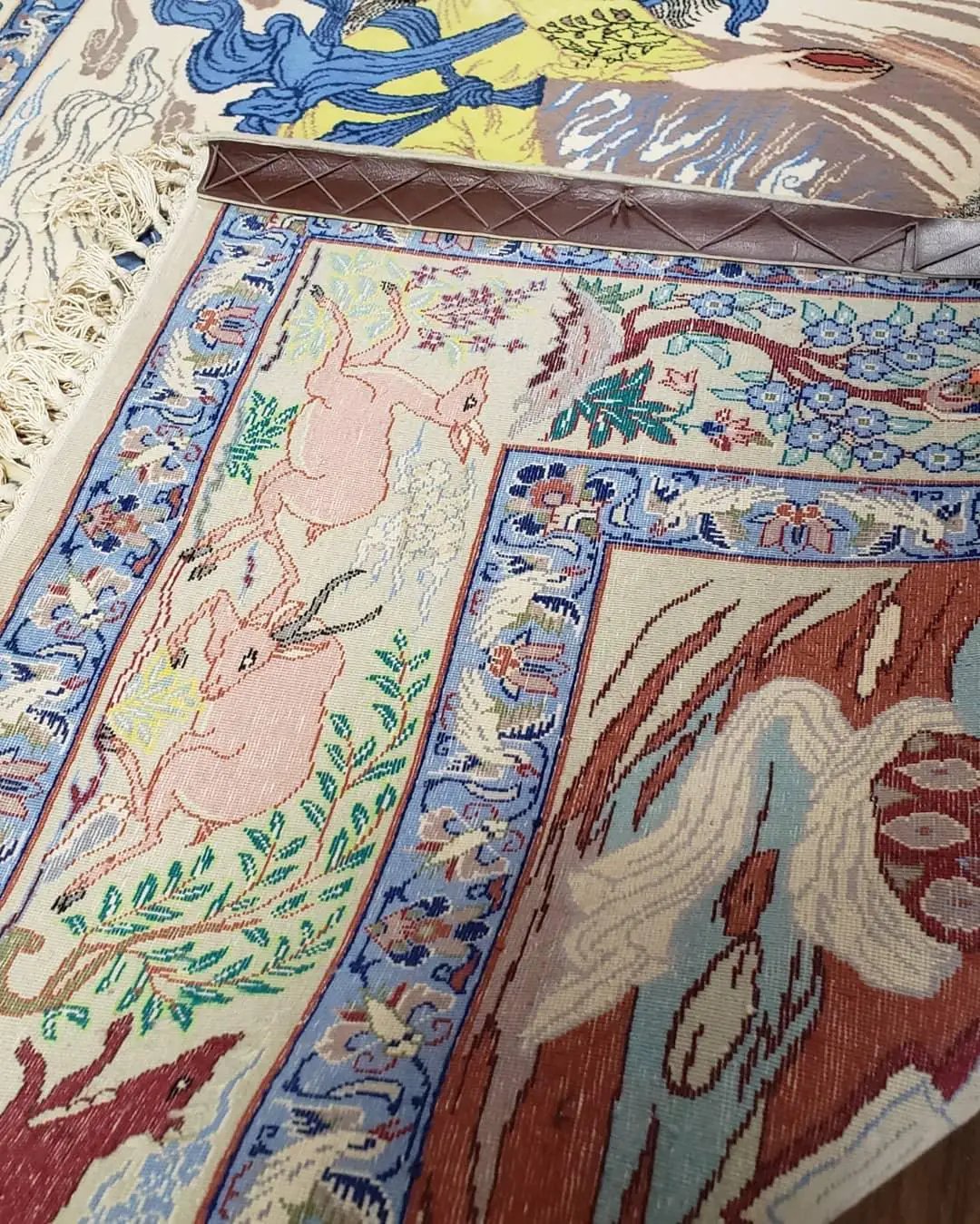 Semi Antique Persian Pictorial Rug 3'6" x 6", Angel Speaking to Prophet, Kork Wool on Silk Foundation, Detailed, Animals, Poetry, Wall Hanging Rug by Jewel Rugs