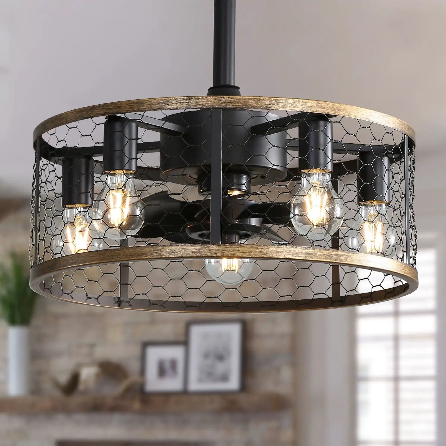 20" Industrial Caged Ceiling Fan With 7 - ABS Blades Remote Control, Small Ceiling Fan Reversible DC Motor - Black by HouseOfZazla