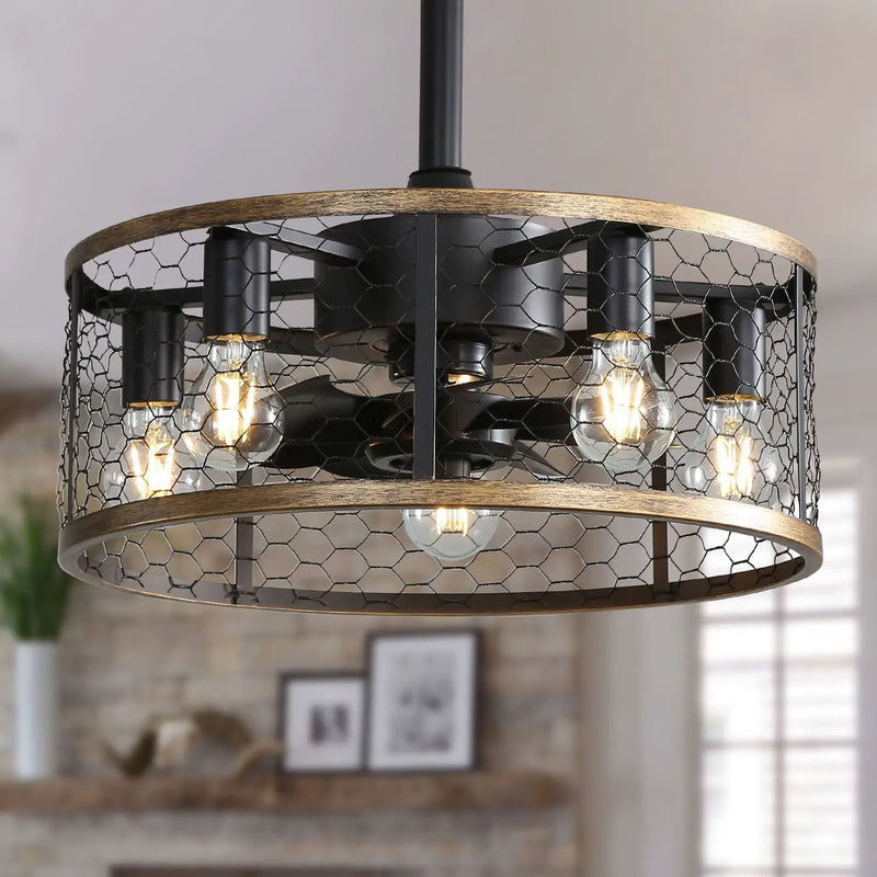 20" Industrial Caged Ceiling Fan With 7 - ABS Blades Remote Control, Small Ceiling Fan Reversible DC Motor - Black by HouseOfZazla
