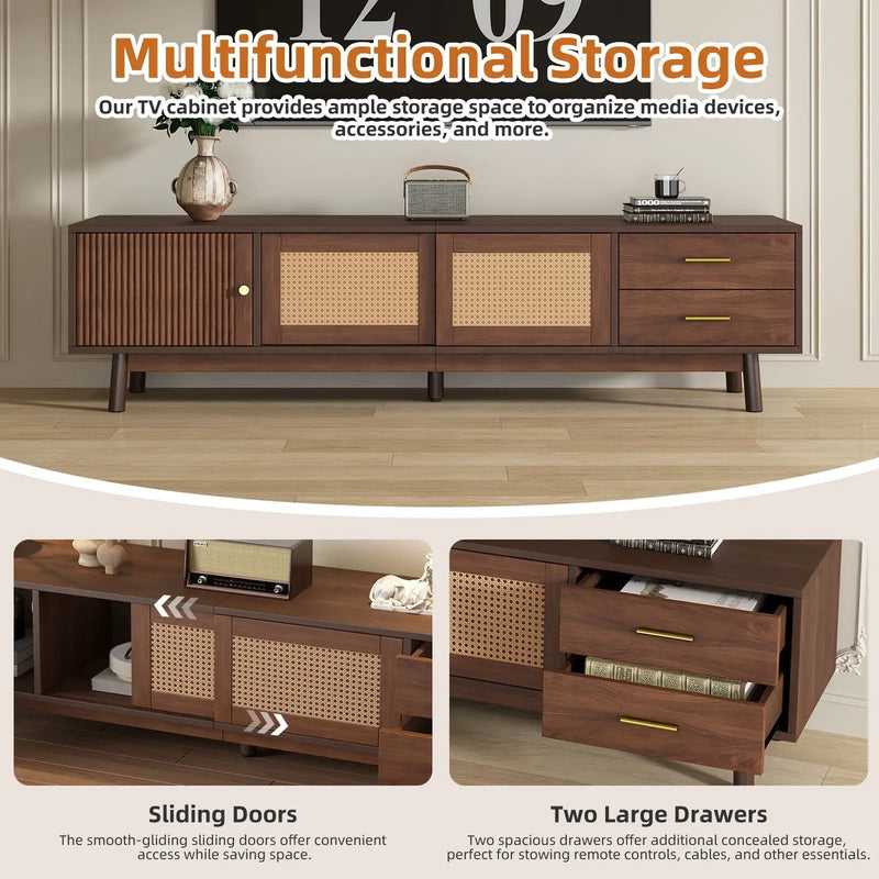 TV Stand For 80" TVs With Sliding Doors And Drawers, Accent Storage Unit - Dark Brown by HouseOfZazla