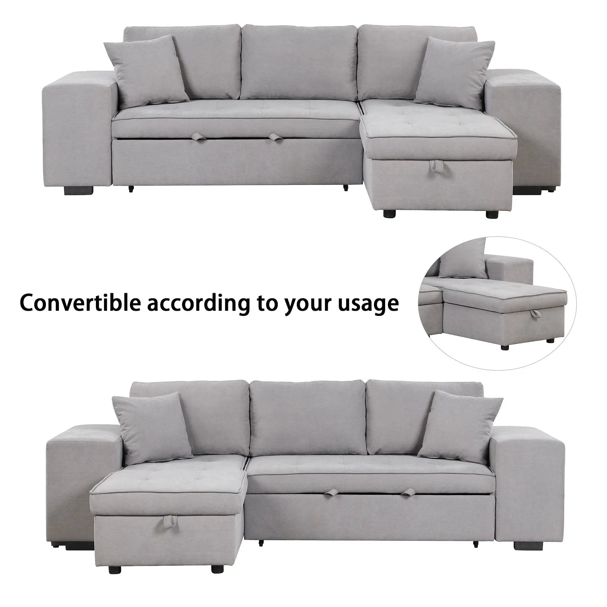 Modern L-Shape 3 Seat Reversible Sectional Couch, Pull Out Sleeper Sofa With Storage Chaise And 2 Stools For Living Room Furniture Set by HouseOfZazla