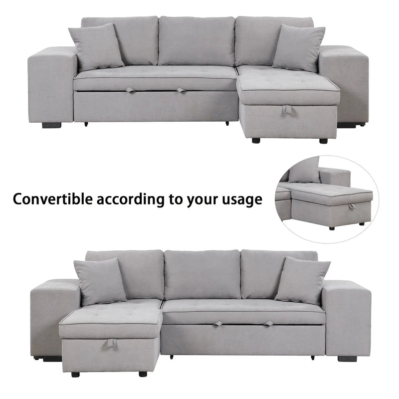 Modern L-Shape 3 Seat Reversible Sectional Couch, Pull Out Sleeper Sofa With Storage Chaise And 2 Stools For Living Room Furniture Set by HouseOfZazla