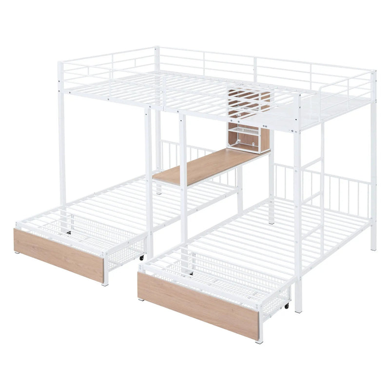 Triple Bunk Bed With Drawers, Multi-Functional Frame With Desks And Shelves In The Middle by Unique Piece Furniture