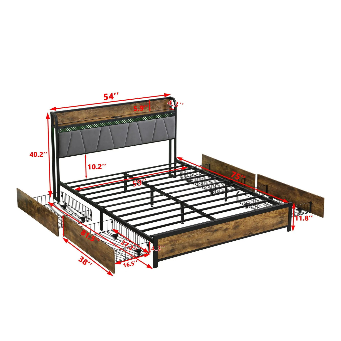 Contemporary Bed Frame With Storage Headboard, Charging Station, LED Lights by Unique Piece Furniture