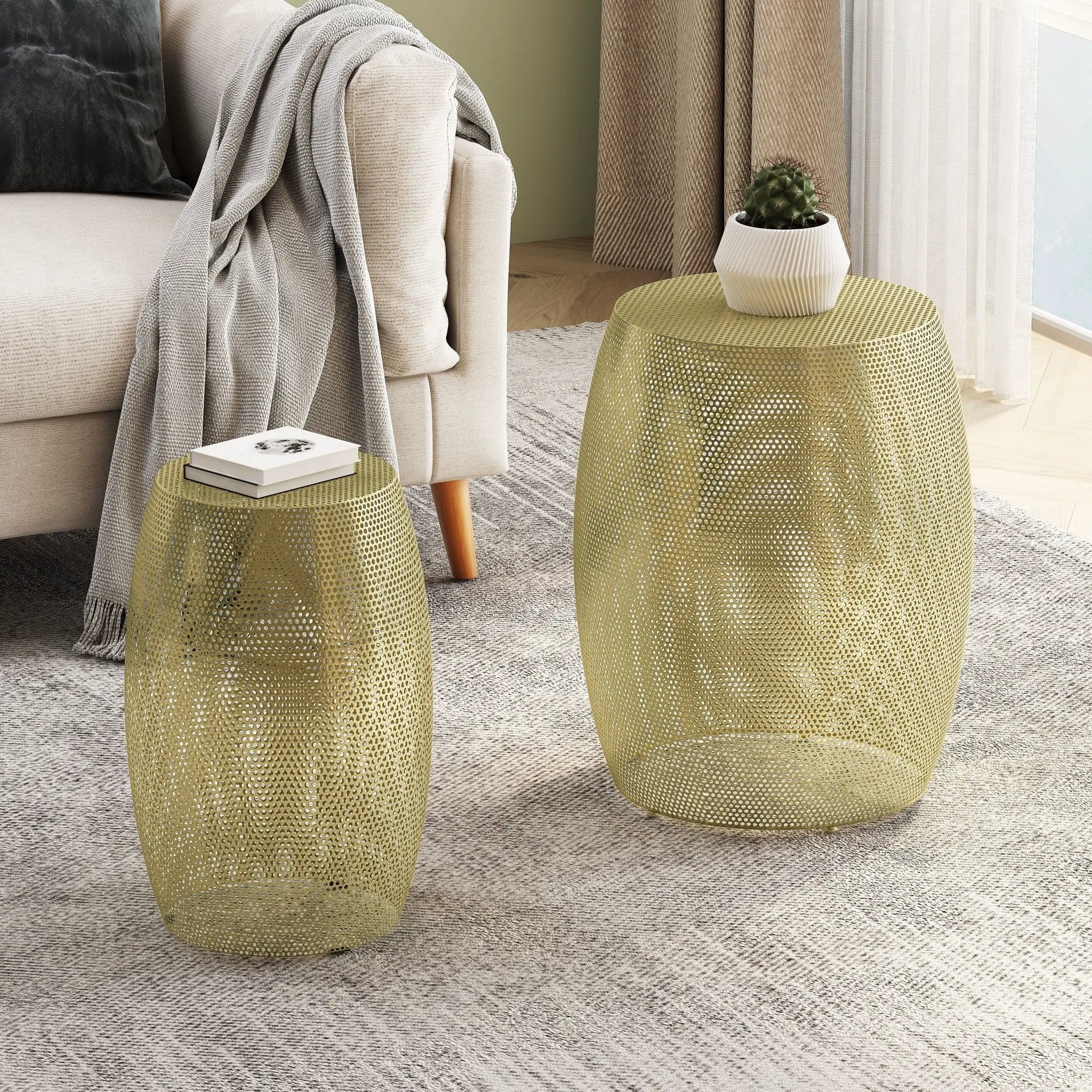 Modern Round Metal Hollow Side Table Set With Openwork Design - Gold by HouseOfZazla