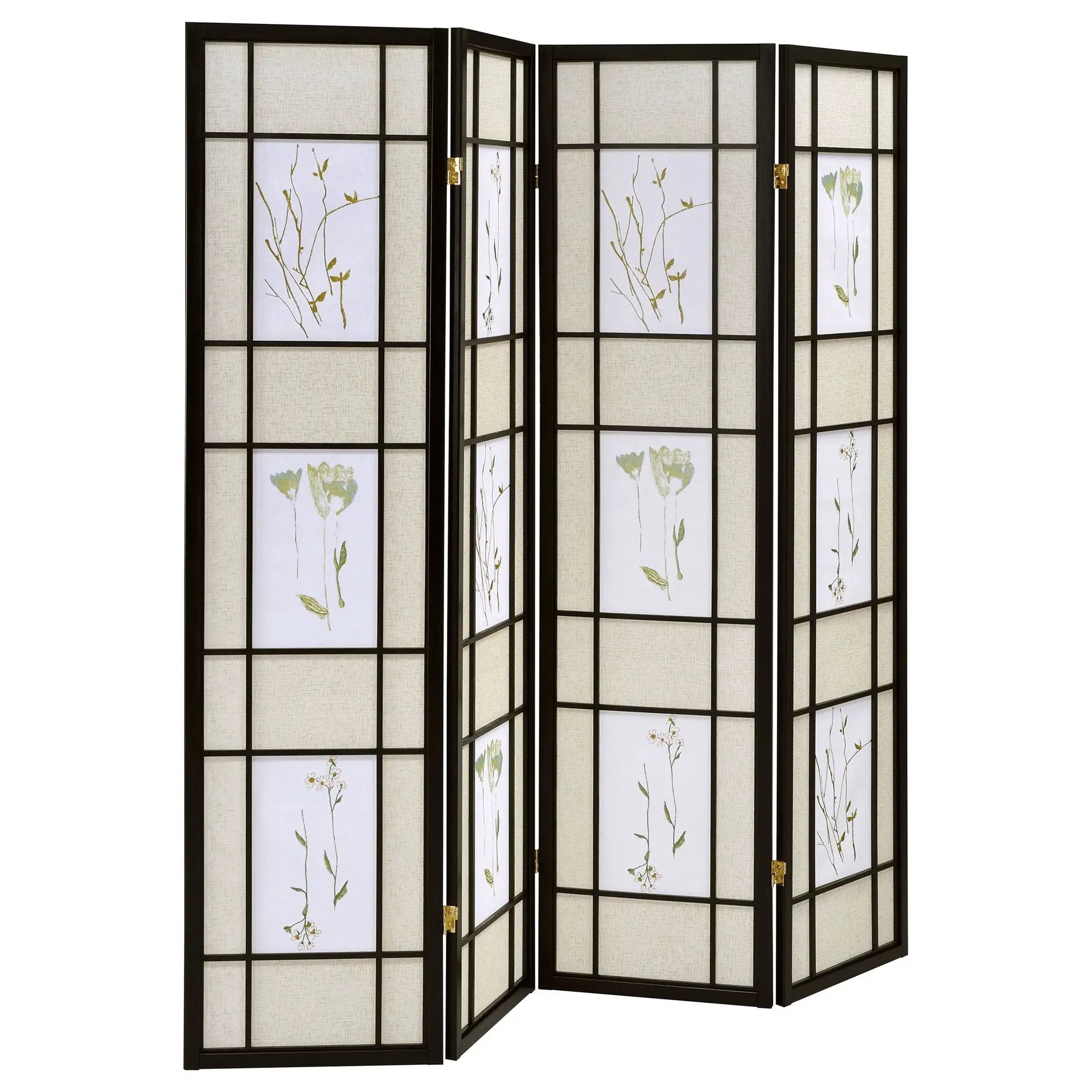 4 Panel Folding Screen With Floral Motif - Black by HouseOfZazla
