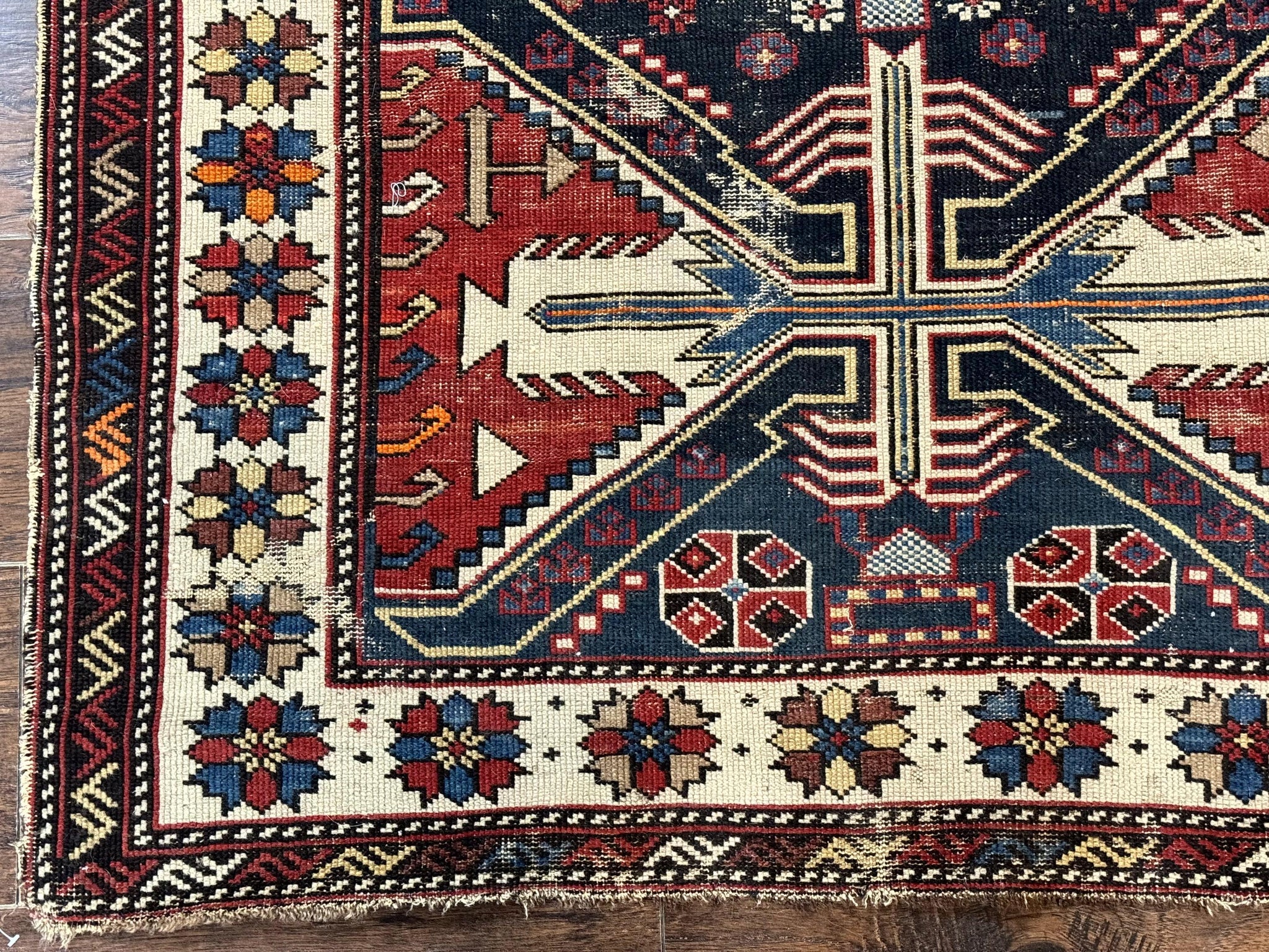 Antique Shirvan Caucasian Rug 3x5, Geometric Pattern, Red Navy Blue Beige by Jewel Rugs