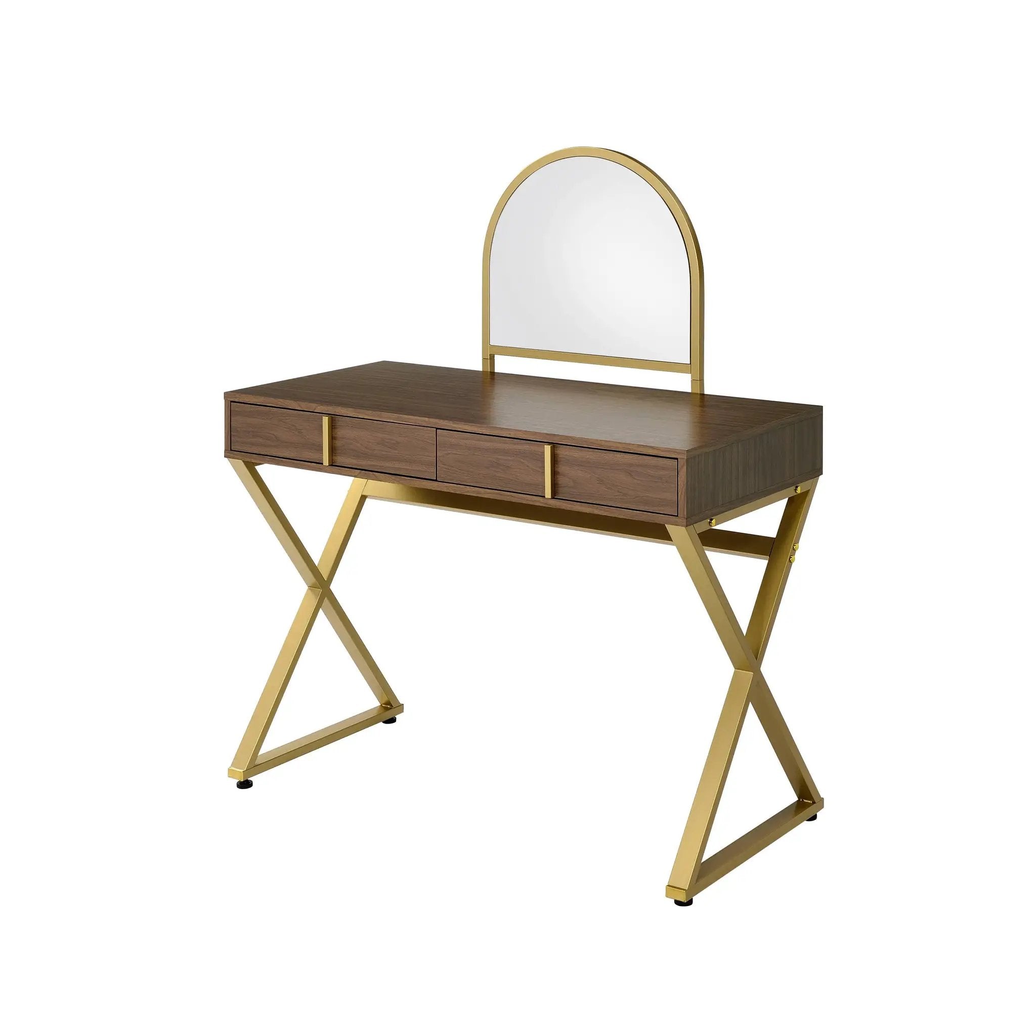 Coleen Walnut & Gold Finish Vanity Desk with Mirror & Jewelry Tray by HouseOfZazla
