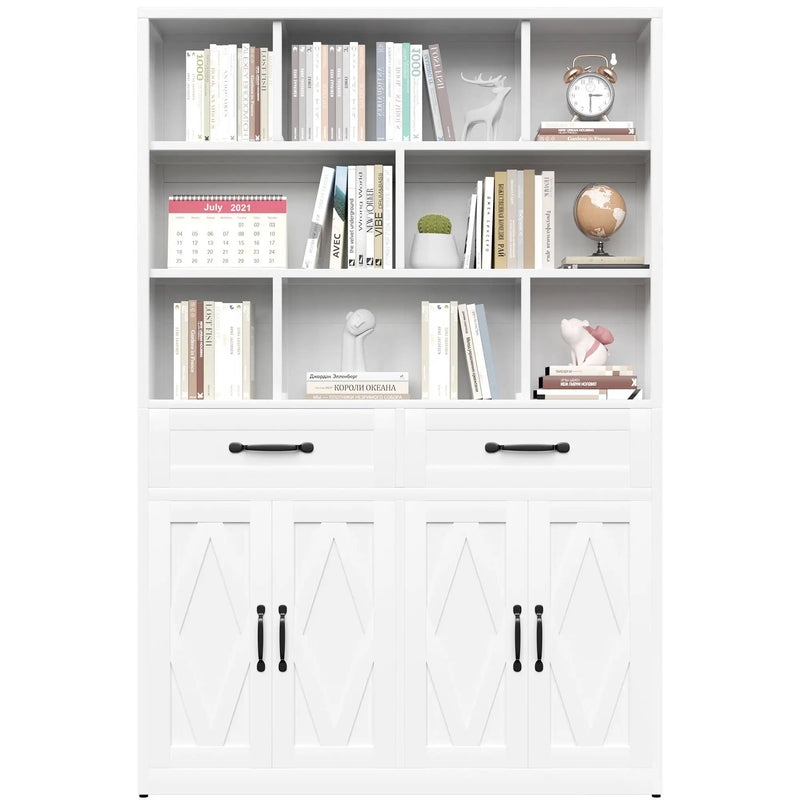 Bookcase Tall With 2 Doors & 2 Drawers, Fixed Open Shelves - White by HouseOfZazla