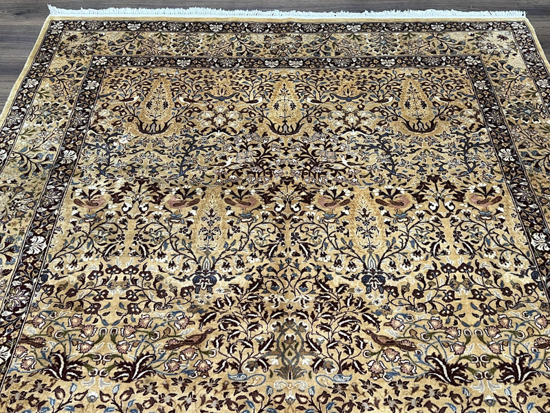 Pretty Indo Persian Rug 6x9, Allover Floral Motif with Birds, Tan/Cream, Very Fine Oriental Carpet, Hand Knotted Vintage Indian Wool Rug by Jewel Rugs