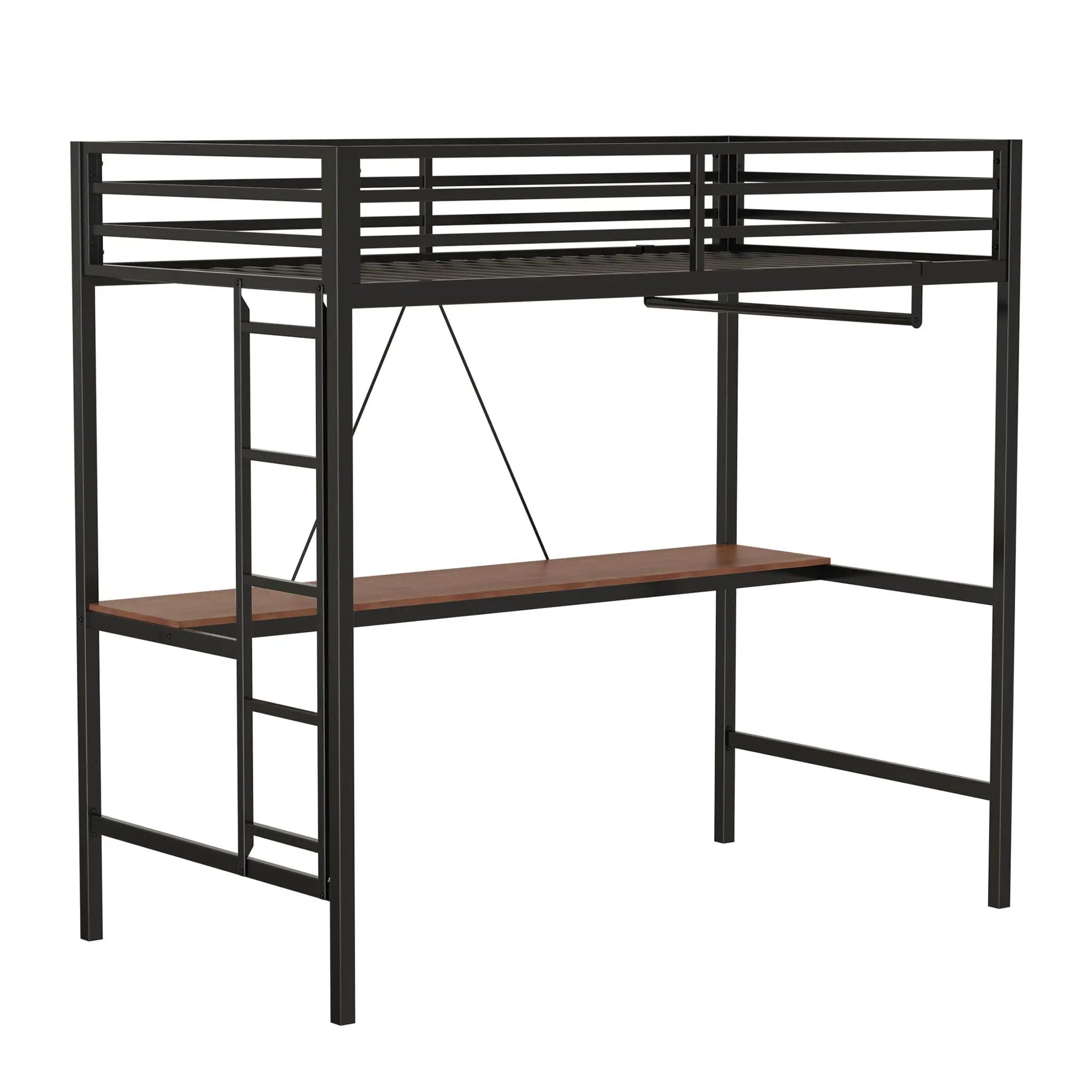 Adam - Twin Loft Bunk Bed With Cinnamon Wood Desk And Closet Rod - Black by Unique Piece Furniture