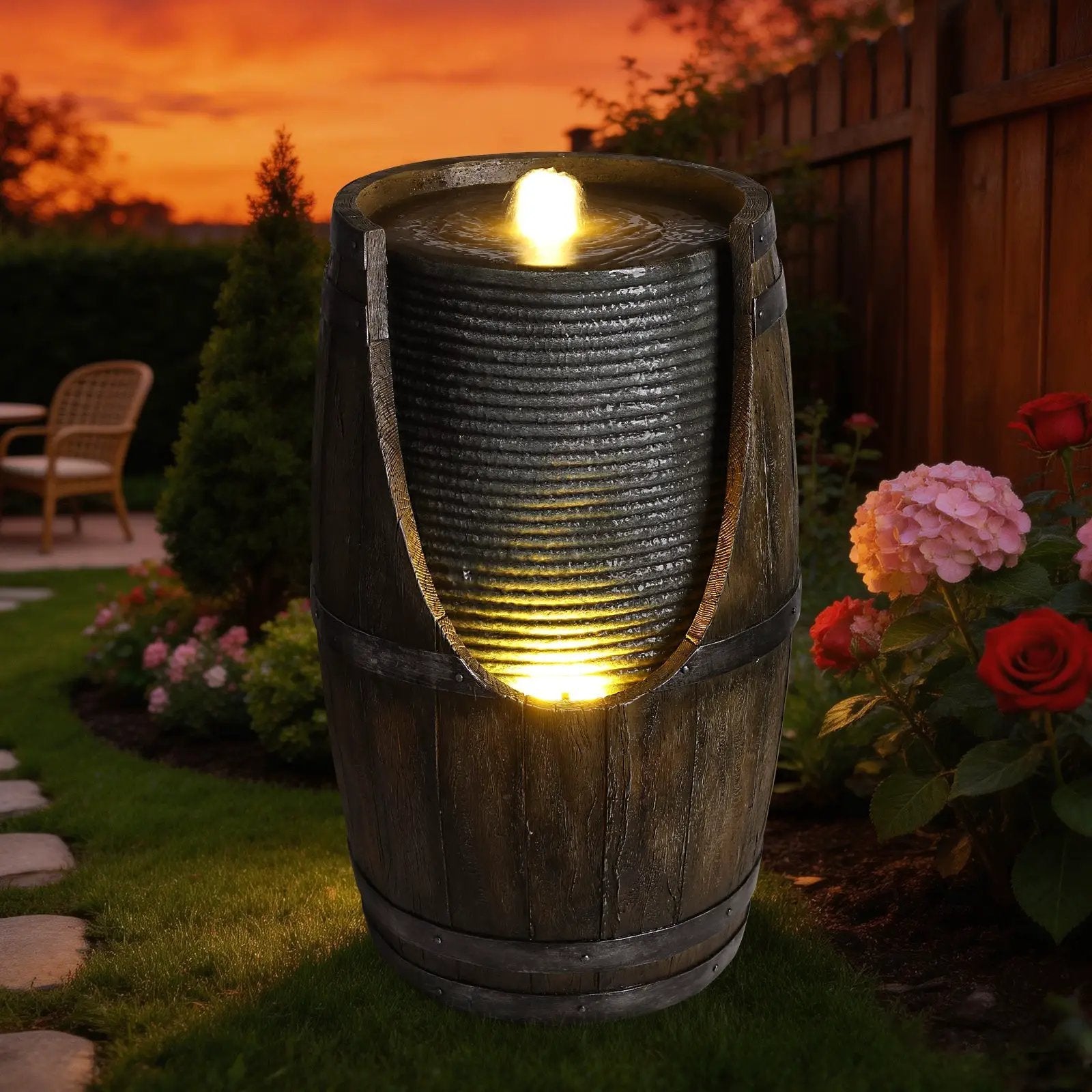 Wooden Barrel Style Outdoor Water Fountain with Lights by HouseOfZazla