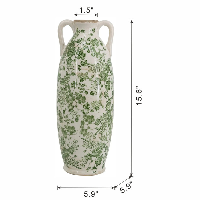 5.9x5.9x15.6' White Ceramic Flower Vase with Green Floral Pattern and Small Handles by HouseOfZazla