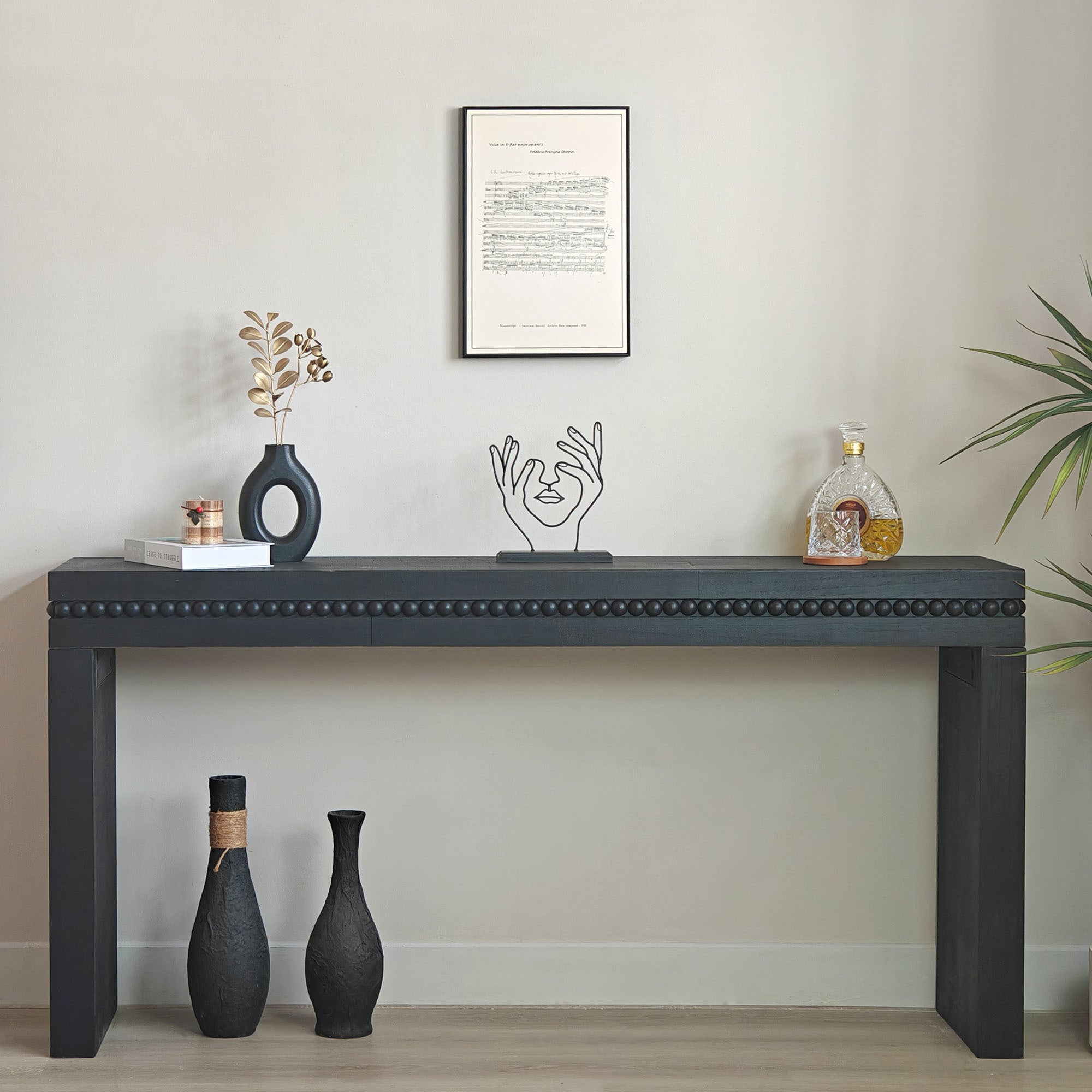 64in Modern Black Wood Console Table – Elegant Entryway Table with Decorative Beaded Trim by HouseOfZazla