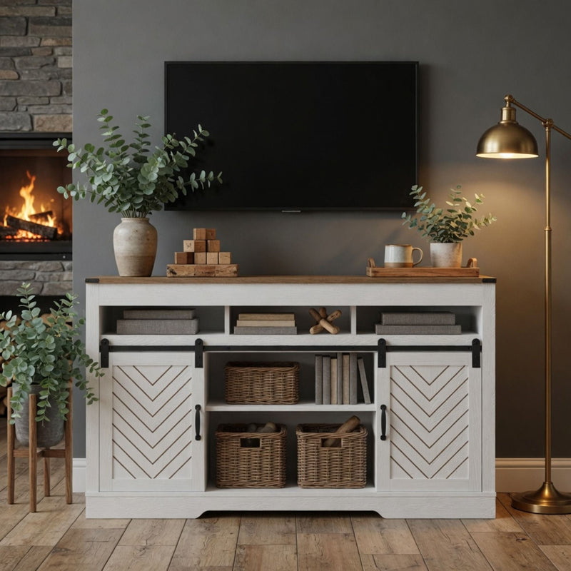 TV Stand With Sliding Barn Doors And Adjustable Storage - White / Oak by HouseOfZazla