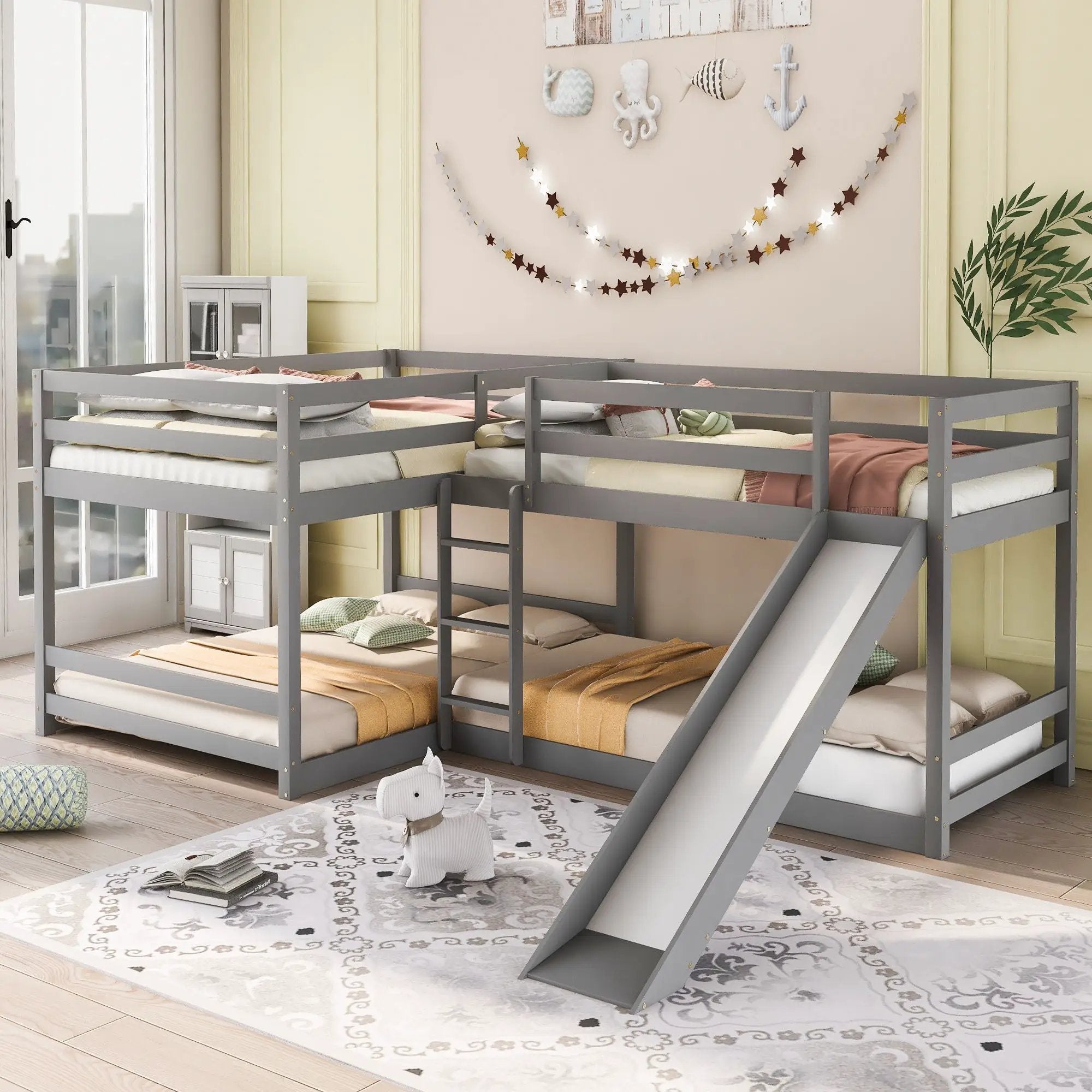 L-Shaped Bunk Bed With Slide And Short Ladder by Unique Piece Furniture