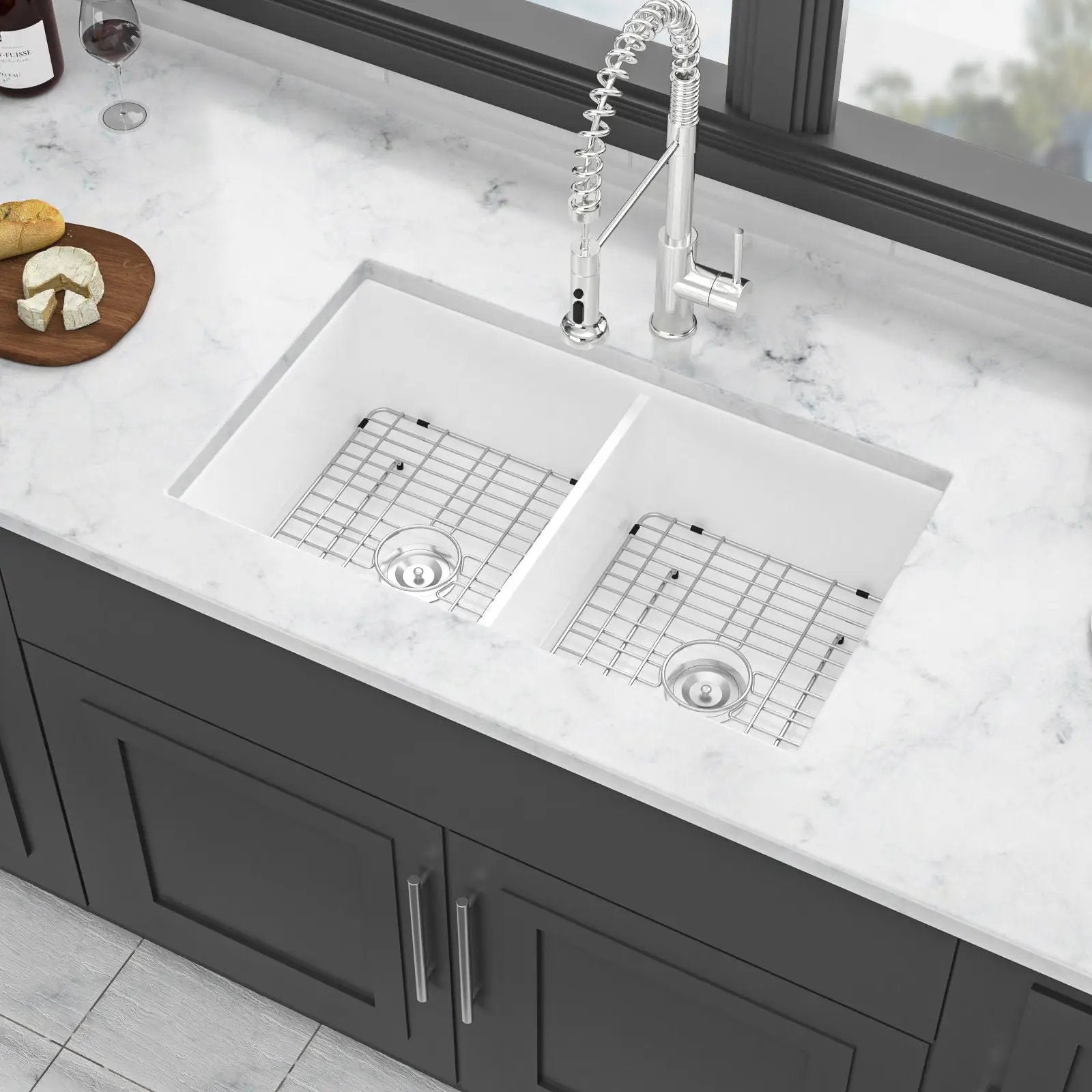 Elegant Dual Mount 32" Undermount Double Bowl Ceramic Kitchen Sink - White by HouseOfZazla