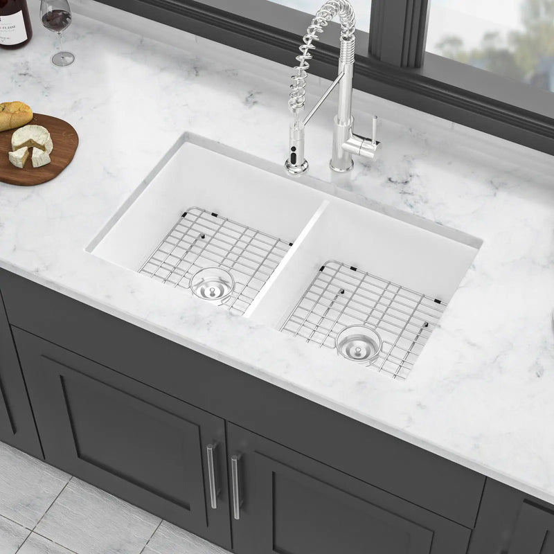 Elegant Dual Mount 32" Undermount Double Bowl Ceramic Kitchen Sink - White by HouseOfZazla