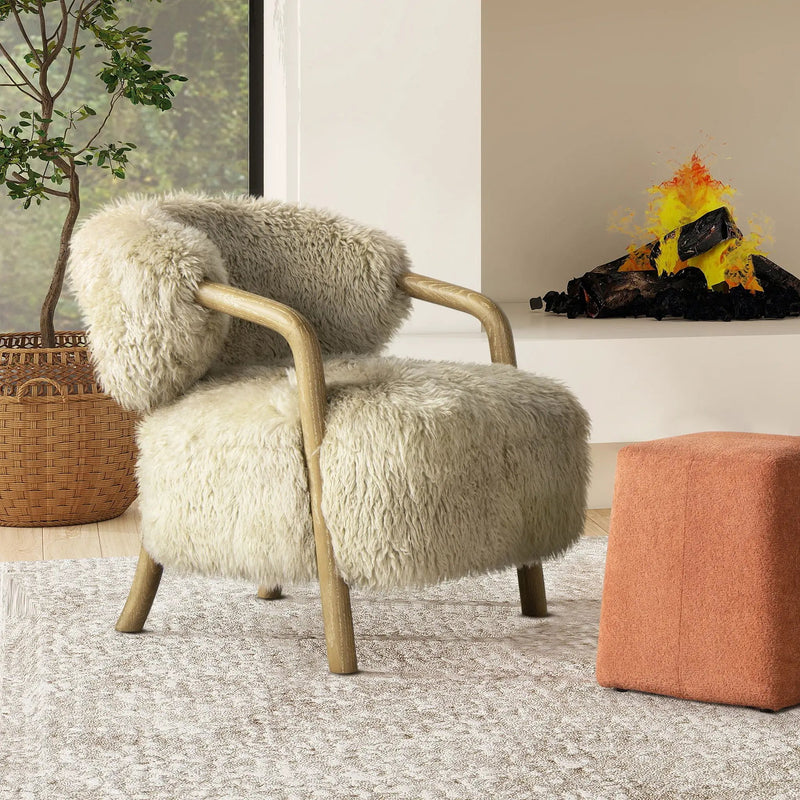 Becker - Rustic Oak Sheepskin Upholstered Accent Arm Chair - Taupe Beige by HouseOfZazla
