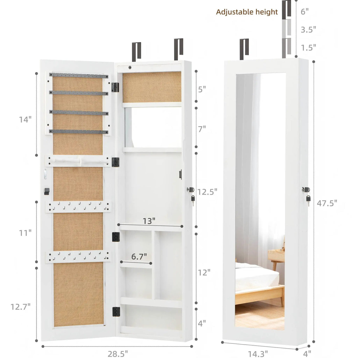 Jewelry Armoire Organizer With Full Length Mirror, Wall Mounted Lockable Cabinet With LED Light by HouseOfZazla
