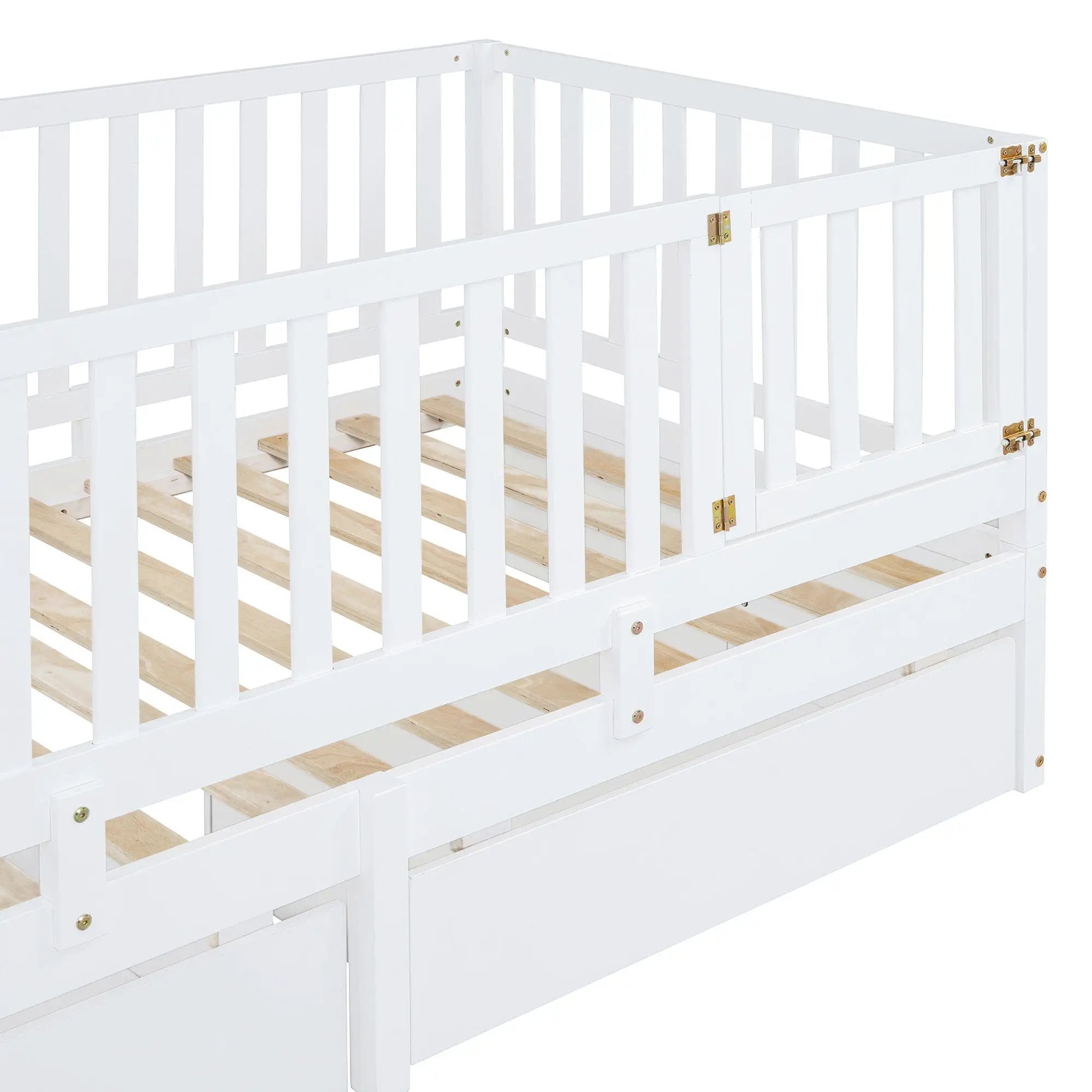 Daybed With Fence Guardrails And 2 Drawers, Split Into Independent Floor Bed & Daybed by HouseOfZazla