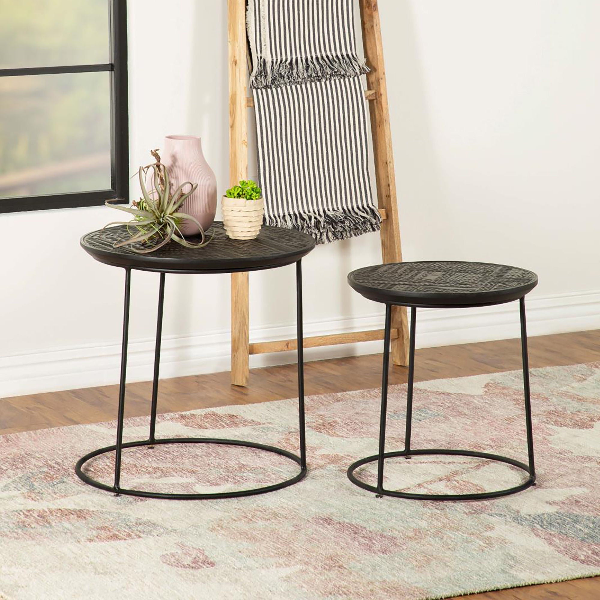 2 Piece Nesting Table With Embossed Tops And Base - Black by HouseOfZazla
