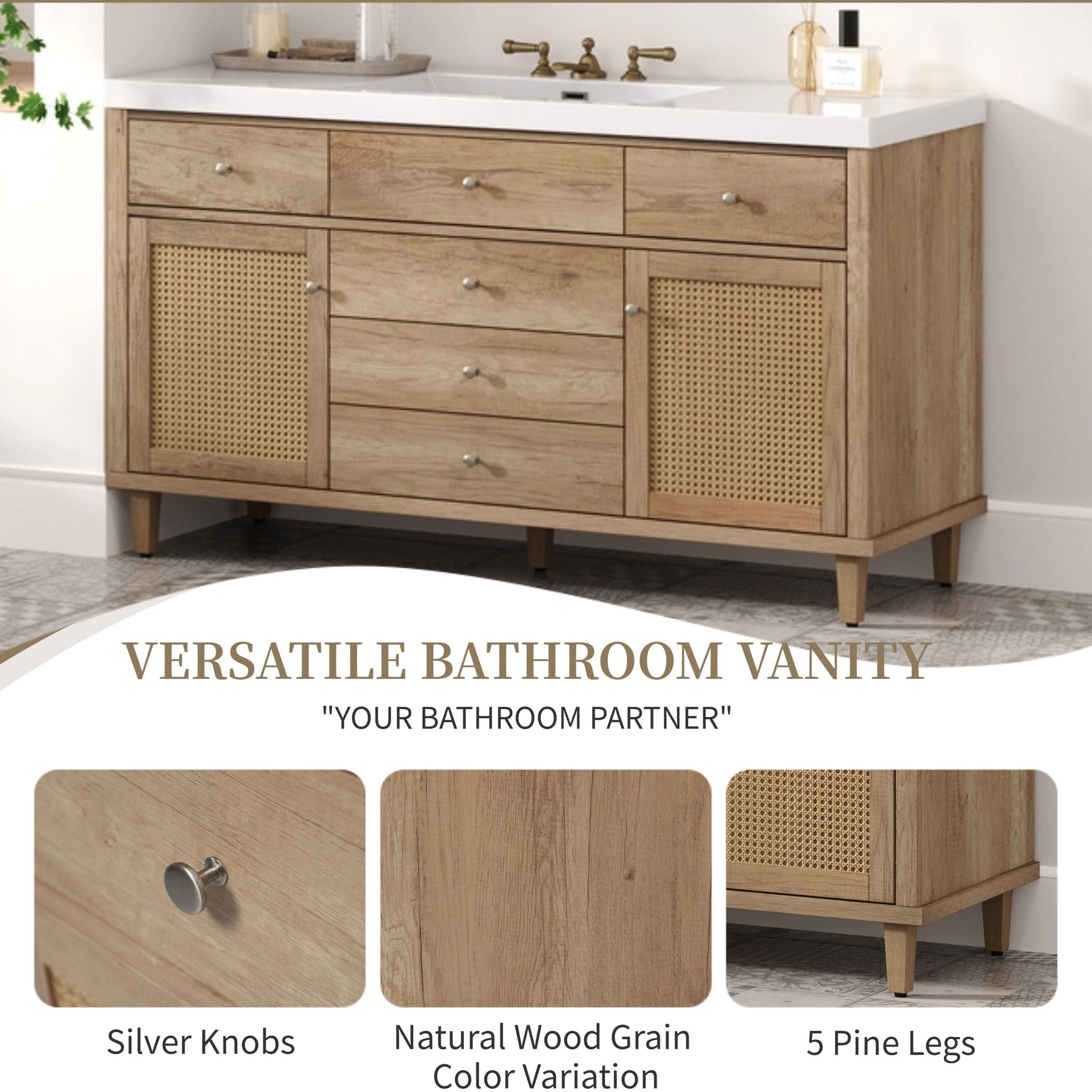 Bathroom Vanity With Sink, 5 Legs, Soft Close Drawers by HouseOfZazla