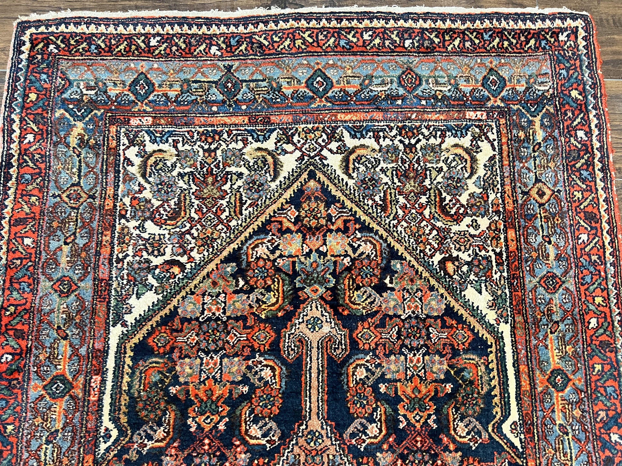Antique Persian Runner Rug 3.7 x 15.8, Navy Blue Multicolor, Hand Knotted Handmade Wool Rug for Hallway, Geometric Medallions, Persian Hamadan Rug by Jewel Rugs
