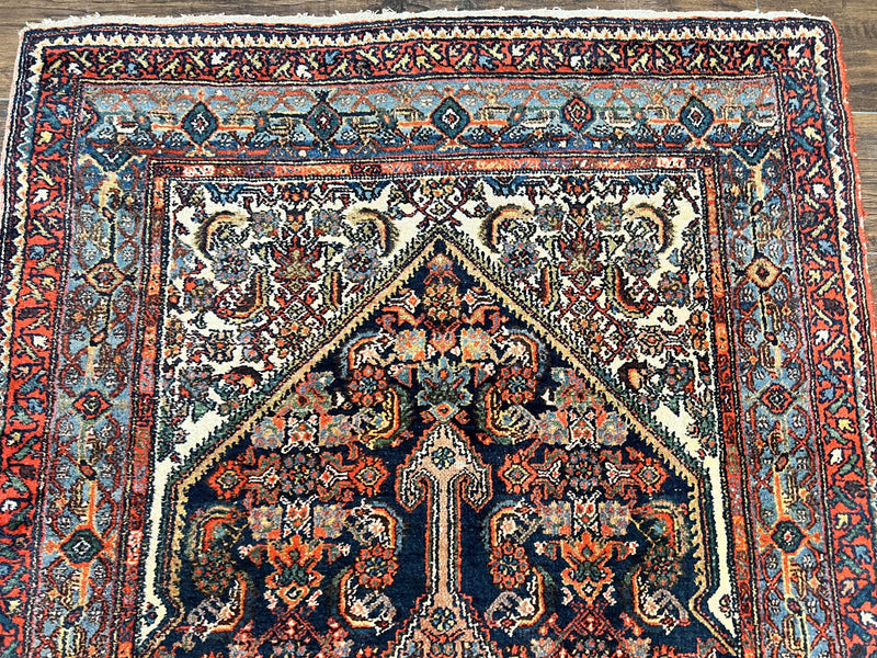 Antique Persian Runner Rug 3.7 x 15.8, Navy Blue Multicolor, Hand Knotted Handmade Wool Rug for Hallway, Geometric Medallions, Persian Hamadan Rug by Jewel Rugs