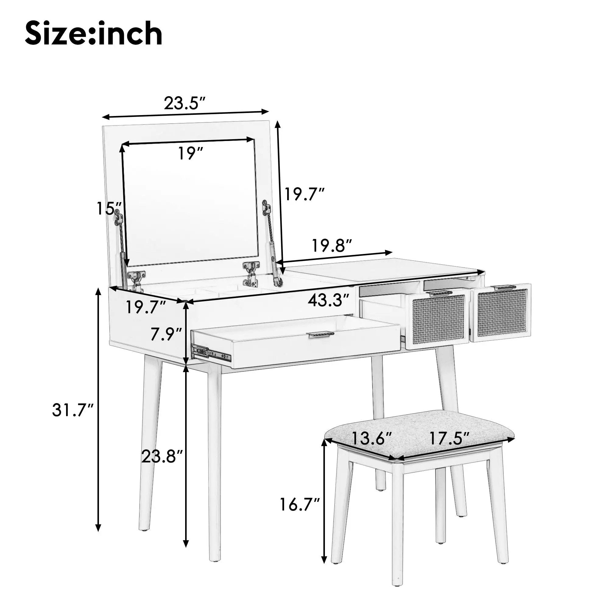 Classic Wood Makeup Vanity Set With Flip-Top Mirror And Stool, Dressing Table With Three Drawers And Storage Space by Unique Piece Furniture