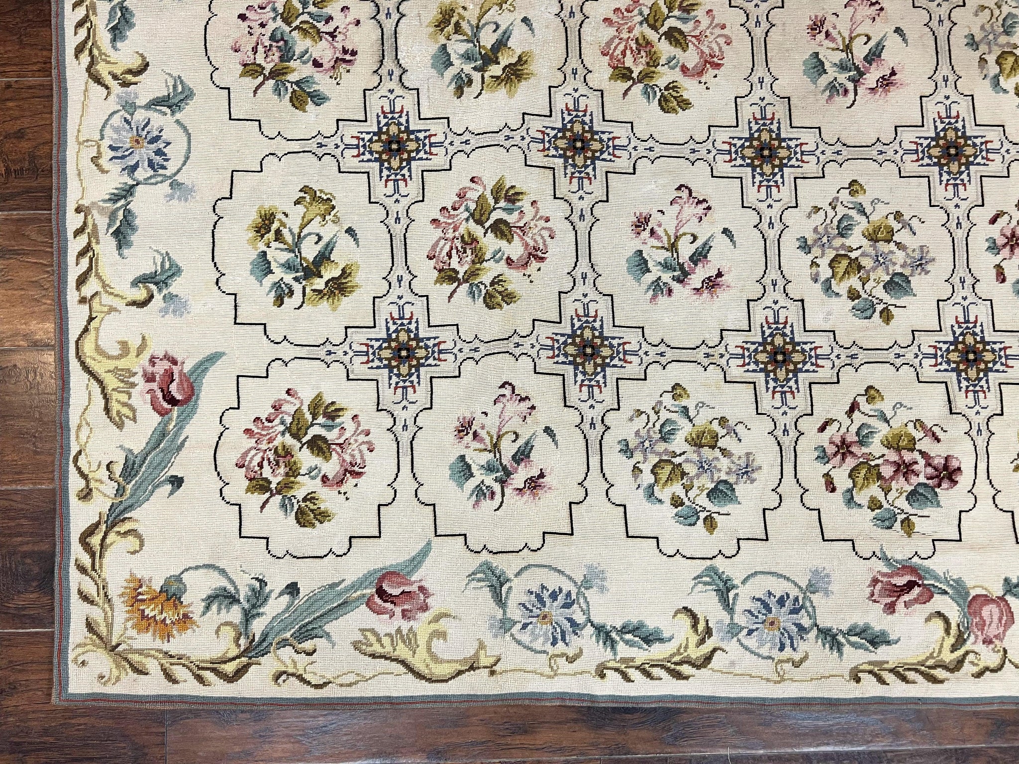 Needlepoint Rug 10x14, Wool Handmade Vintage Needlepoint Carpet, Floral Panel Design, Ivory/Cream by Jewel Rugs