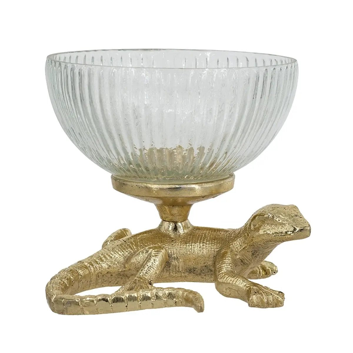 5x5x4.5' Gold Lizard Pedestal Bowl with Ribbed Glass Dish by HouseOfZazla