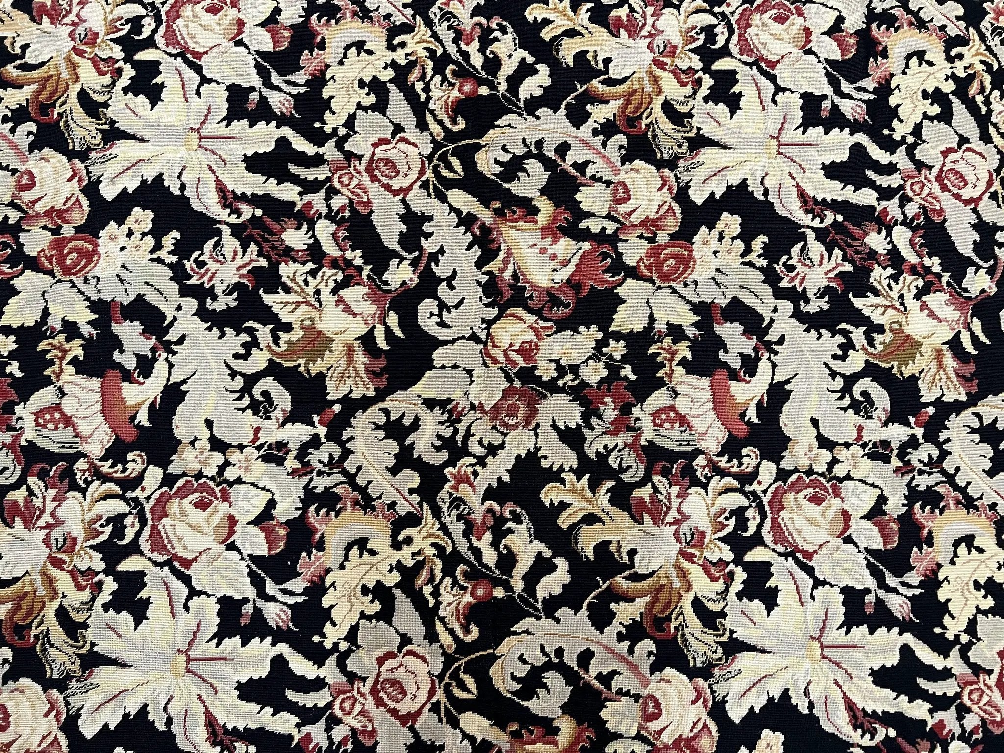 Wool Needlepoint Rug 9x12, William Morris Vintage Chinese Needlepoint Carpet 9 x 12, Handwoven, Allover Floral Area Rug, Black Light Green by Jewel Rugs