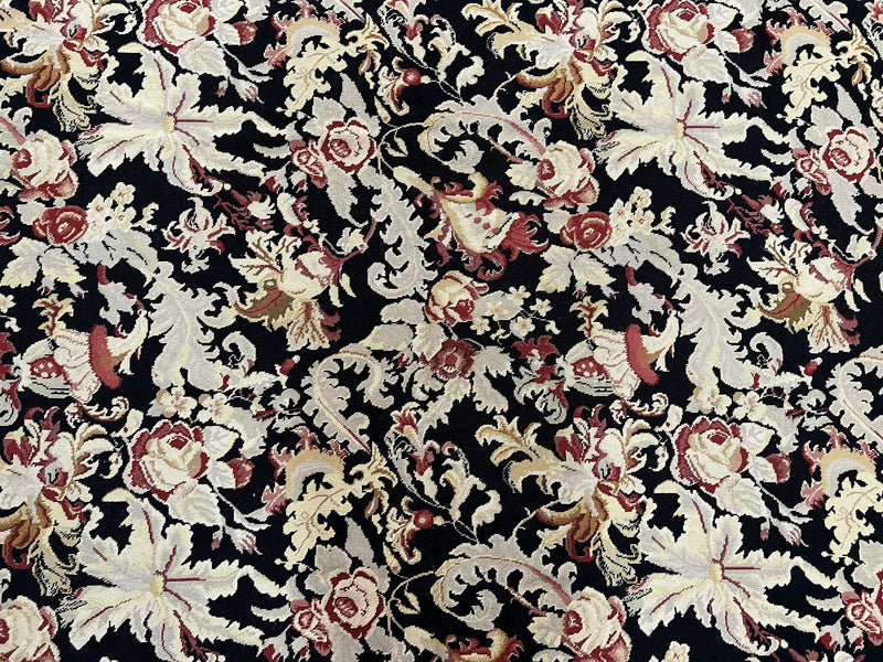 Wool Needlepoint Rug 9x12, William Morris Vintage Chinese Needlepoint Carpet 9 x 12, Handwoven, Allover Floral Area Rug, Black Light Green by Jewel Rugs