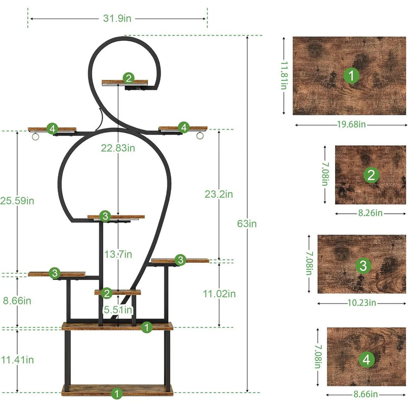 Plant Stand Indoor With Grow Light, 9 Tiered 63" Tall Indoor Plant Shelves For Multiple Plants - Walnut / Black by Unique Piece Furniture