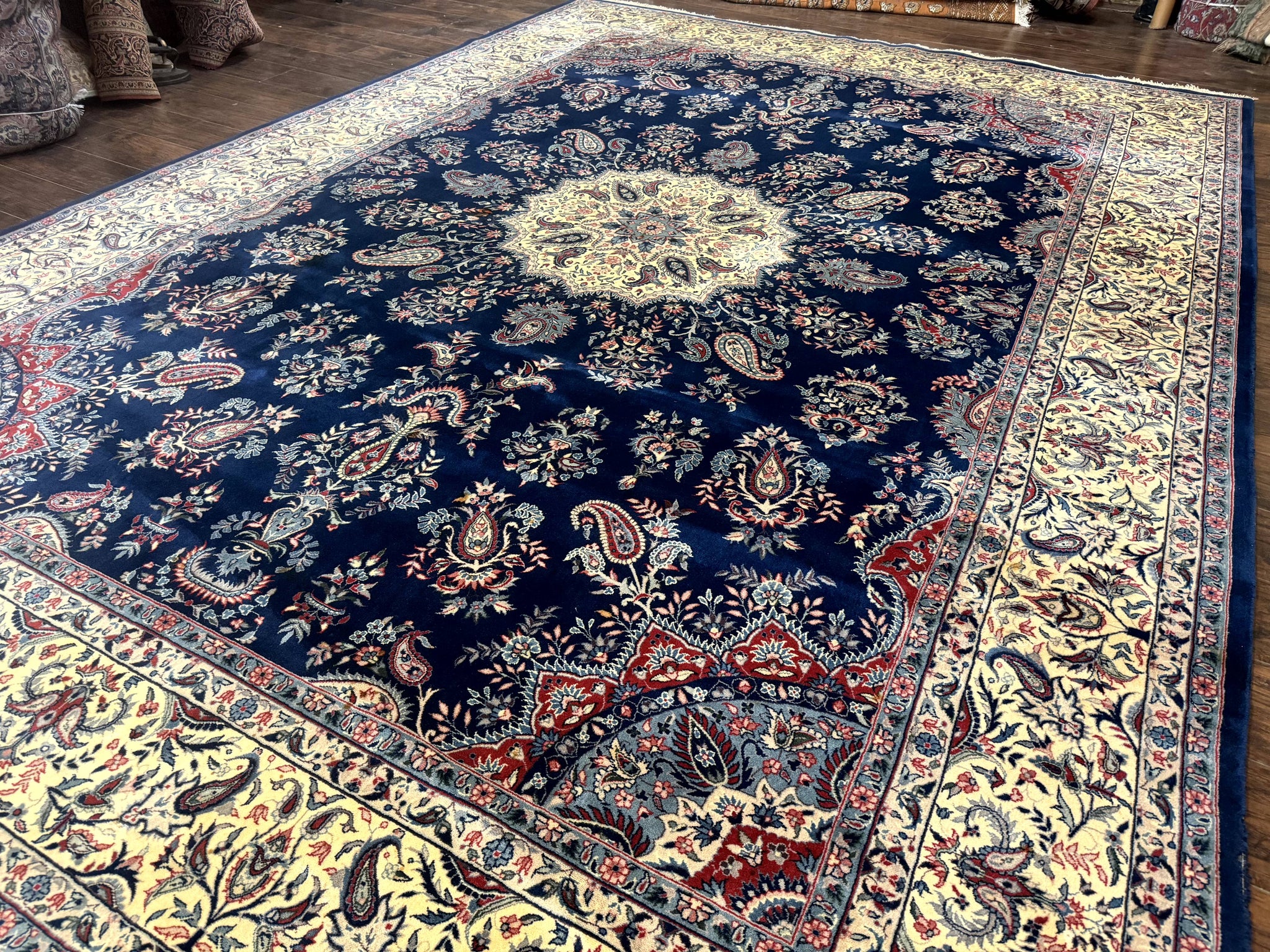 Sino Persian Kerman Rug 10x14, Blue and Beige, Floral Medallion, Fine 240 KPSI by Jewel Rugs