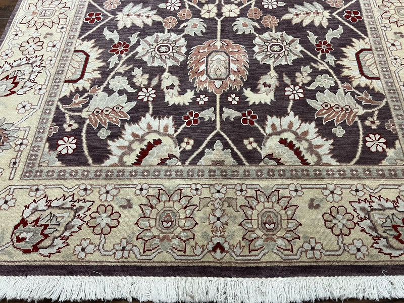 Vintage Indo Mahal Area Rug 6x9, Indian Persian Oriental Carpet 6 x 9, Puce Eggplant Tan Beige Rug, Hand-Knotted, Large Floral Design Wool by Jewel Rugs
