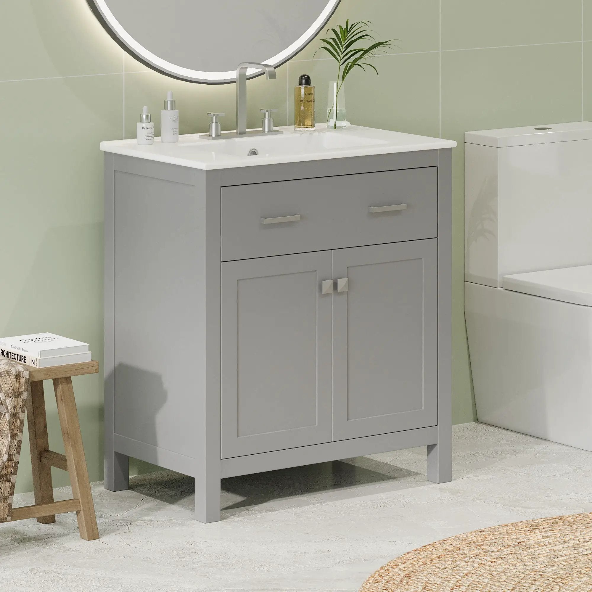 Bathroom Vanity With Ceramic Sink, Modern Single Bathroom Cabinet With 2 Doors And A Shelf, Soft Close Doors by HouseOfZazla