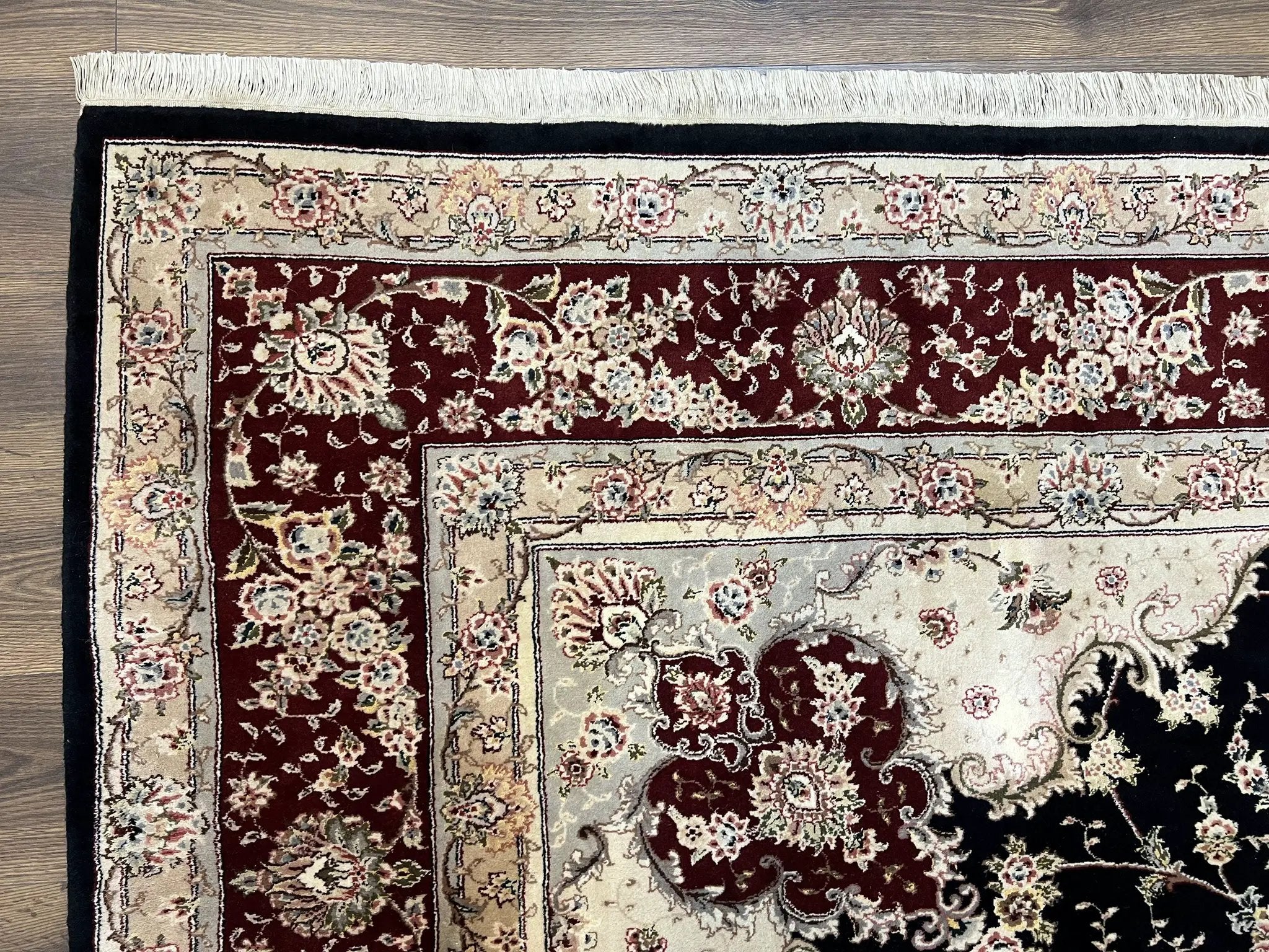 Pak Persian Rug 8.8 x 10.6, Floral Medallion, Wool and Silk Hand Knotted Fine Oriental Carpet, Elegant Rug, Black Gray Burgundy, Room Sized by Jewel Rugs