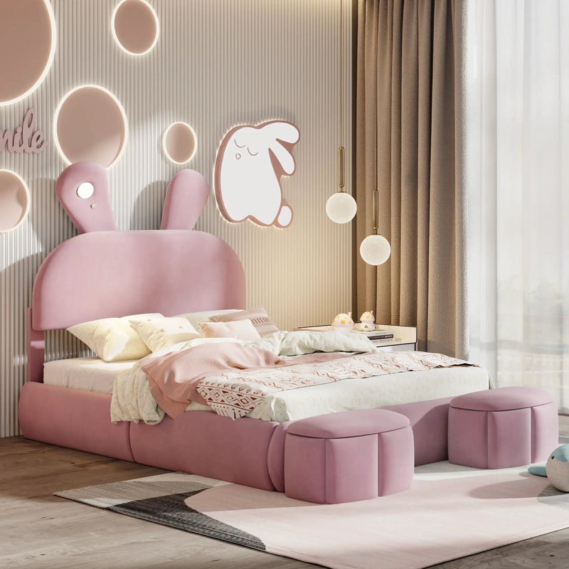 Full Upholstered Platform Bed With Cartoon Ears Headboard And LED Light - Pink by HouseOfZazla